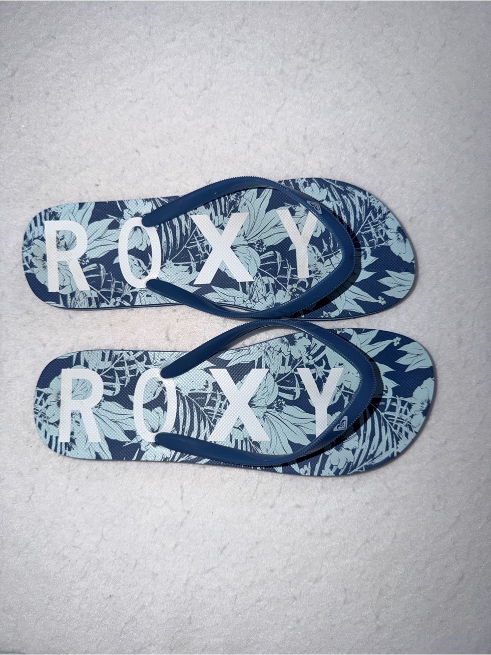 Roxy Navy and Light Blue Tropical Logo Flip Flops